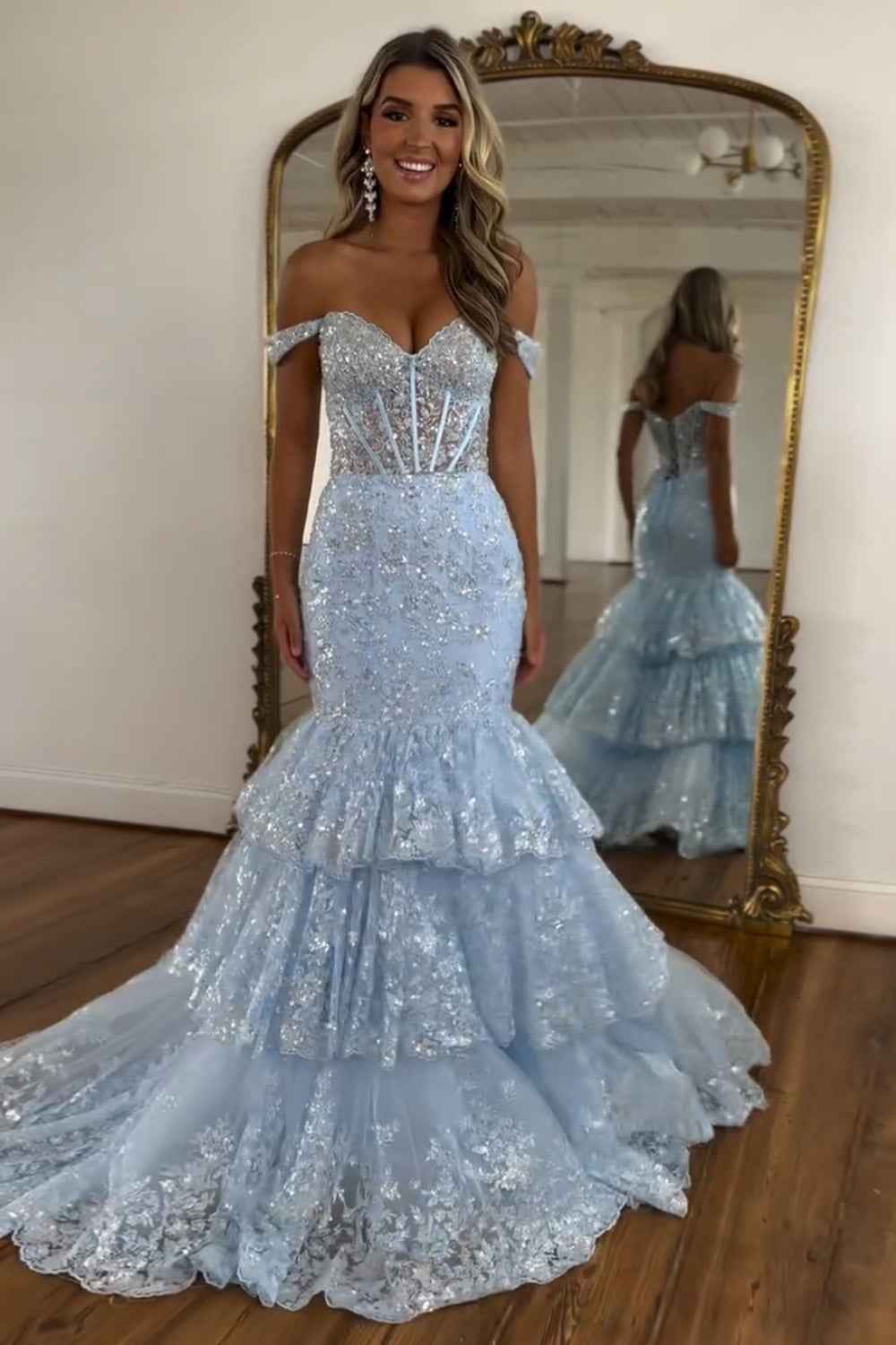 Light Blue Mermaid Off the Shoulder Tulle Tiered Long Corset Prom Dress with Sequins