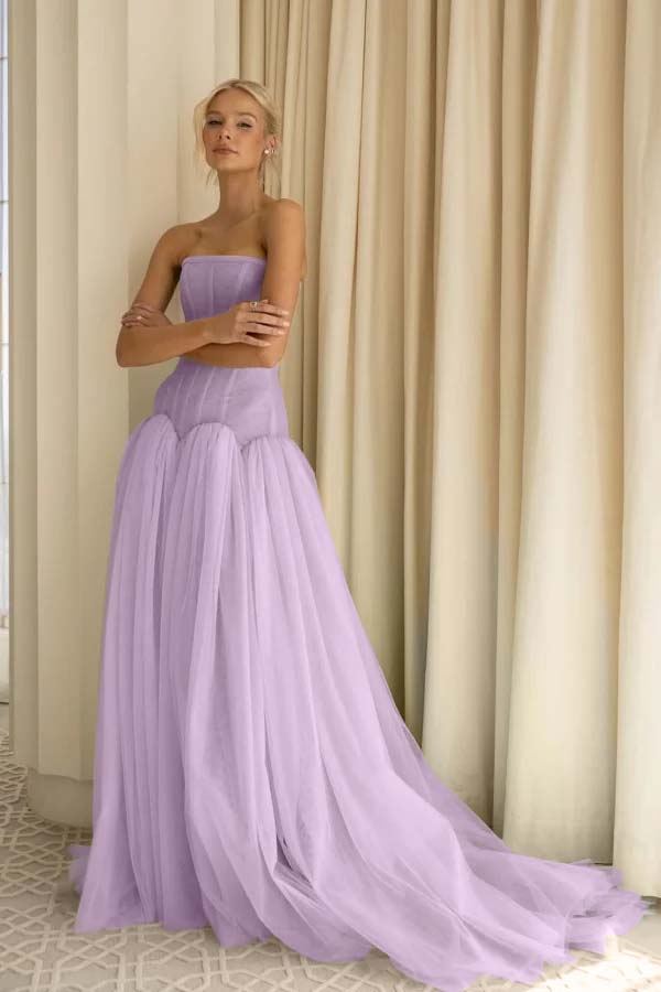 Charming Tulle Strapless Sleeveless Long Prom Dress With Pleated BMBRIDE