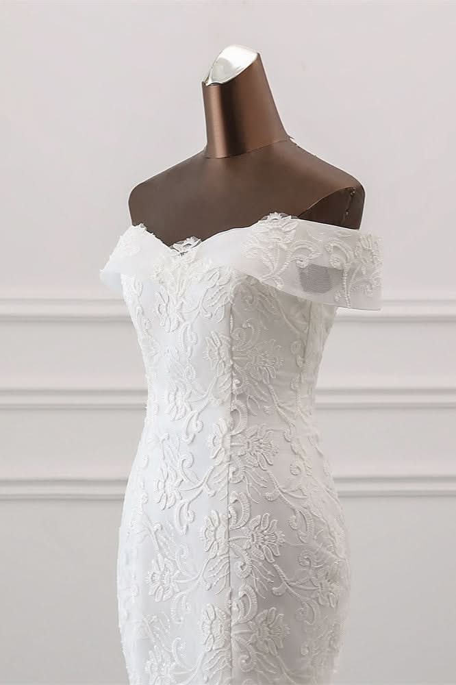 Off-the-Shoulder Long Mermaid Wedding Dress with Tulle and Lace BM bride