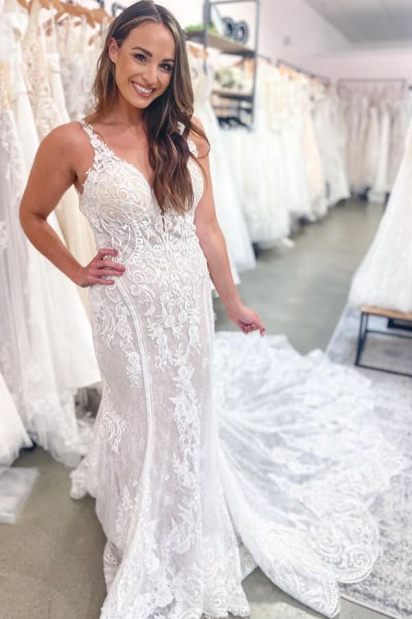 Gorgeous Long Mermaid Wedding Dress with Spaghetti Straps, Backless, Lace, and V-Neck BM bride