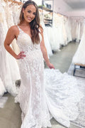 Gorgeous Long Mermaid Wedding Dress with Spaghetti Straps, Backless, Lace, and V-Neck BM bride