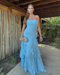 Chic Strapless Sleeveless Long Pleated Prom Dress With Ruffles HF0004