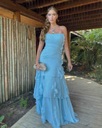 Chic Strapless Sleeveless Long Pleated Prom Dress With Ruffles HF0004