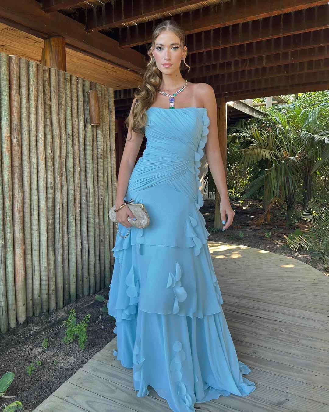 Chic Strapless Sleeveless Long Pleated Prom Dress With Ruffles HF0004