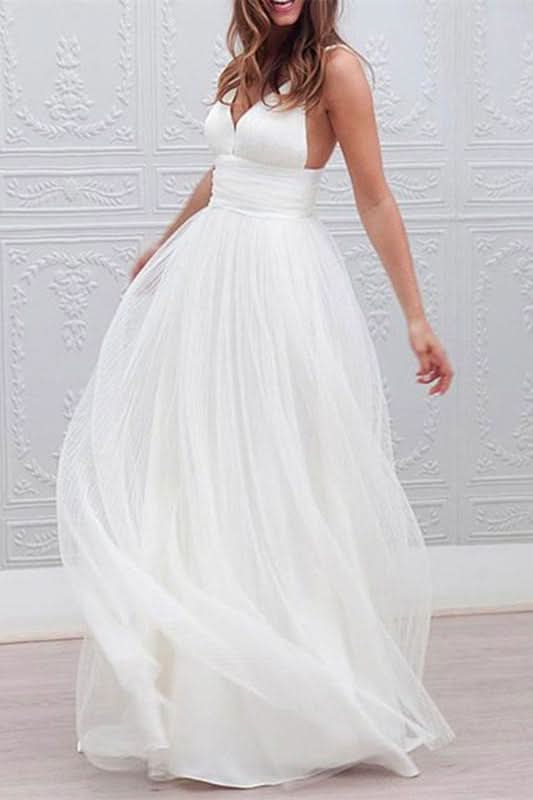 Spaghetti Strap Tulle Beach Wedding Dress BM bride