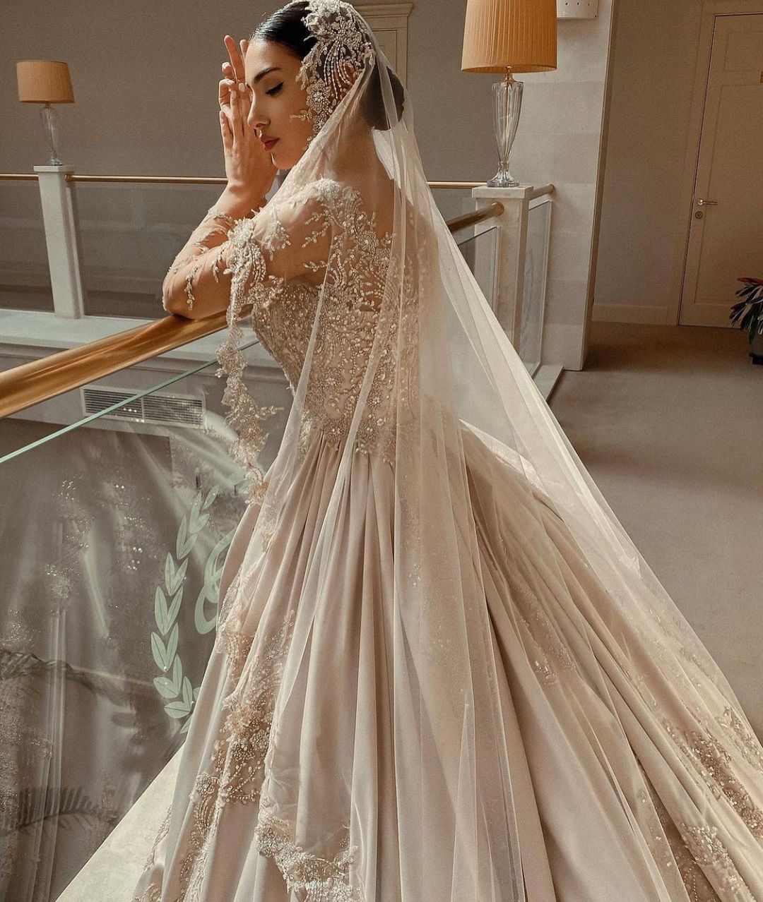 Gorgeous Sweetheart Long Sleeve Satin Wedding Dress with Beadings and Pearls BM bride