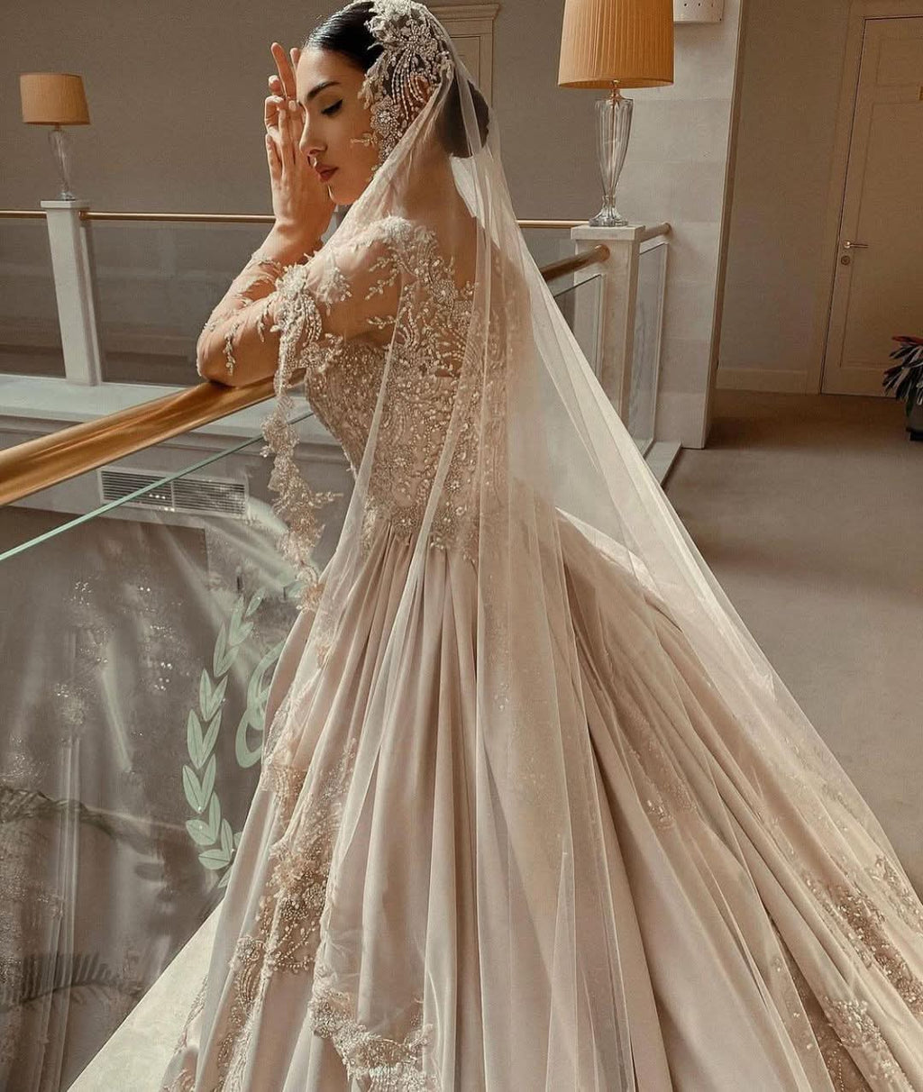 Gorgeous Sweetheart Long Sleeve Satin Wedding Dress with Beadings and Pearls BM bride