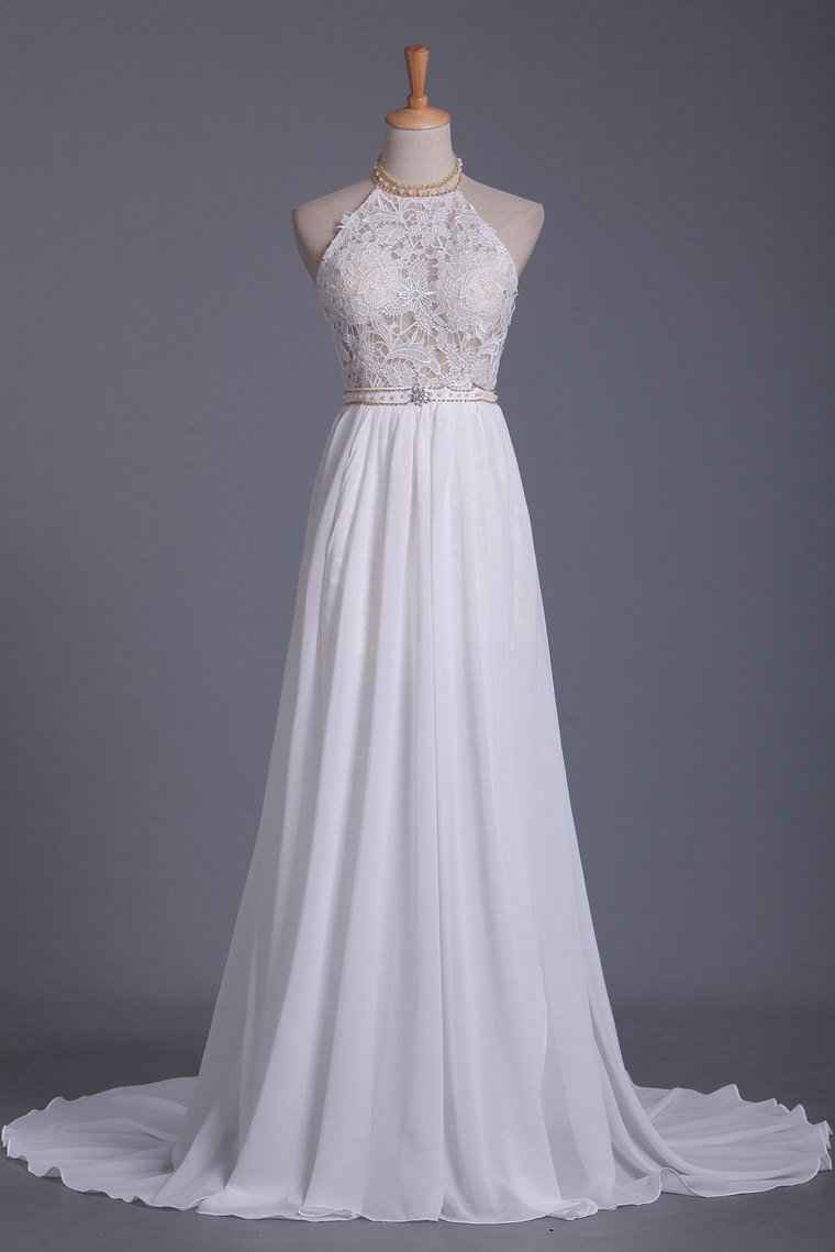 Halter Backless Chiffon A-Line Wedding Dress with Ruffles and Pearl Lace BM bride
