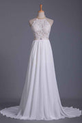 Halter Backless Chiffon A-Line Wedding Dress with Ruffles and Pearl Lace BM bride
