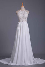 Halter Backless Chiffon A-Line Wedding Dress with Ruffles and Pearl Lace BM bride
