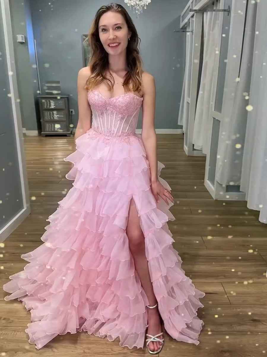 Pink Strapless Tiered Ruffles Lace Appliqu¡§|s Corset Prom Dress with Slit