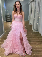 Pink Strapless Tiered Ruffles Lace Appliqu¡§|s Corset Prom Dress with Slit