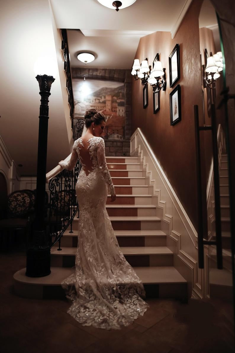 Unique Long Sleeve High Neck Backless Mermaid Wedding Dress with Lace Appliques BM bride