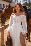 White Long Sleeve Wedding Dress with Lace and Split BM bride