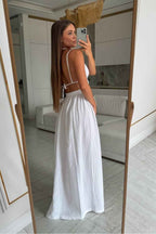 Spaghetti Strap Backless Sleeveless Long Split Prom Dress With Pleated