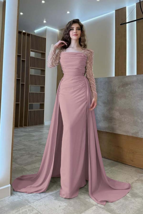 Long Sleeves Square Neck Long Mermaid Prom Dress With Pleated BMBRIDE