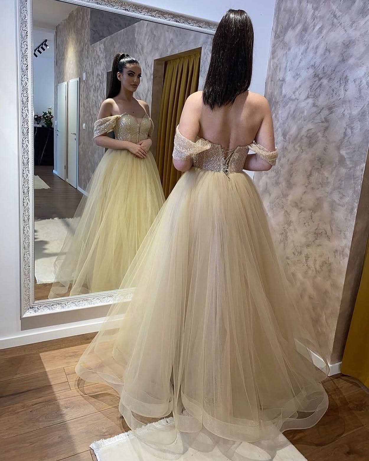 Sweetheart Off-the-Shoulder Beaded A-Line Wedding Dress with Tulle Ruffles BM bride