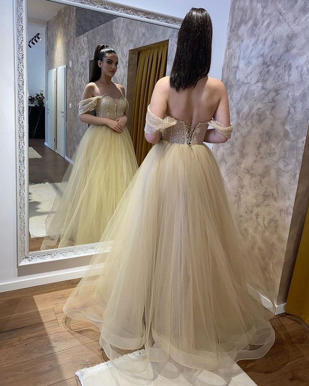 Sweetheart Off-the-Shoulder Beaded A-Line Wedding Dress with Tulle Ruffles BM bride