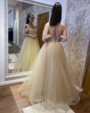 Sweetheart Off-the-Shoulder Beaded A-Line Wedding Dress with Tulle Ruffles BM bride