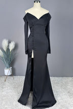 Elegant Black Off-the-Shoulder V-Neck Long Prom Dress with High Slit BM bride