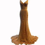 Gold Sequin Mermaid Prom Dress, V-Neck, Long Sleeveless BM bride