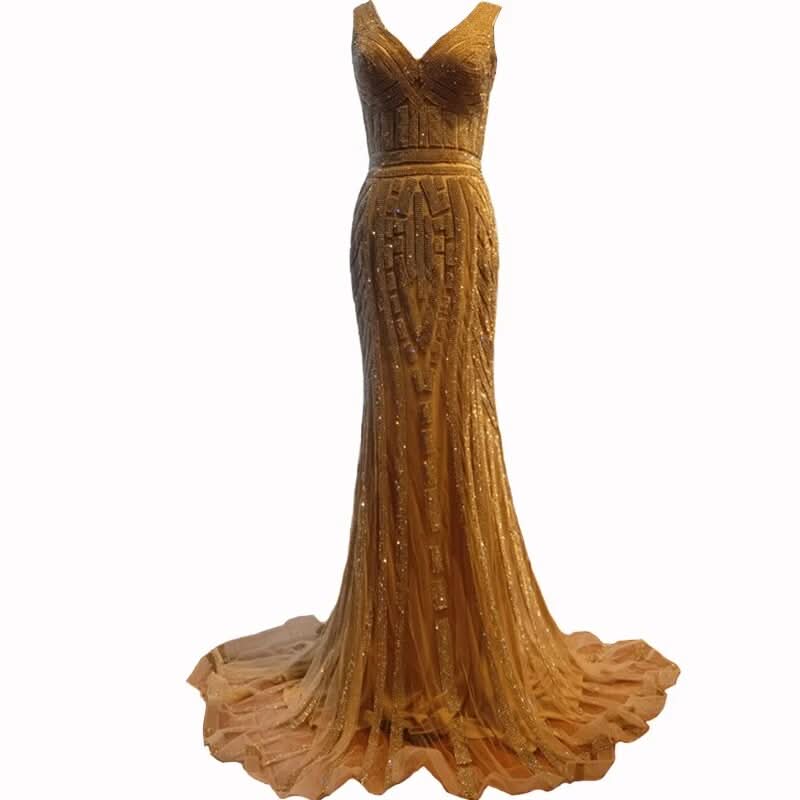 Gold Sequin Mermaid Prom Dress, V-Neck, Long Sleeveless BM bride