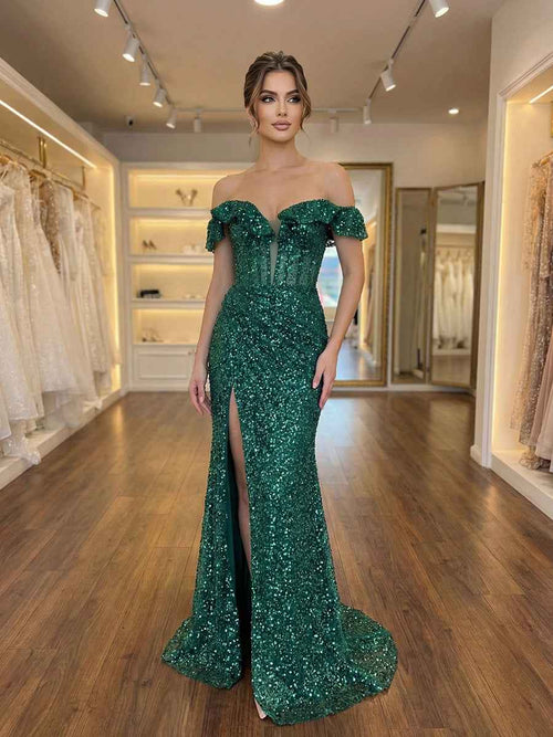 Emerald Off The Shoulder Sequin Mermaid Long Prom Dress with Slit BMBRIDE