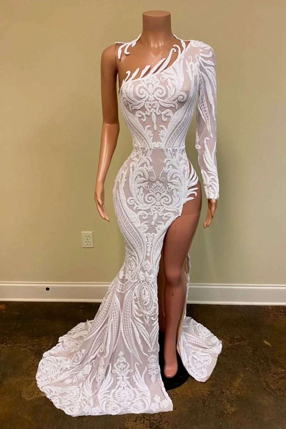 White One-Shoulder Long Sleeves Mermaid Prom Dress with Sequins Lace and Split BM bride