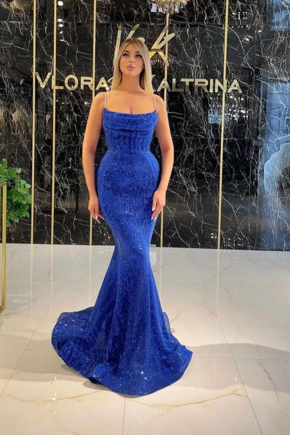 Royal Blue Sleeveless Long Sequined Prom Dress BM bride