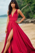 Straps V Neck Sleeveless Backless Long Prom Dress With Split