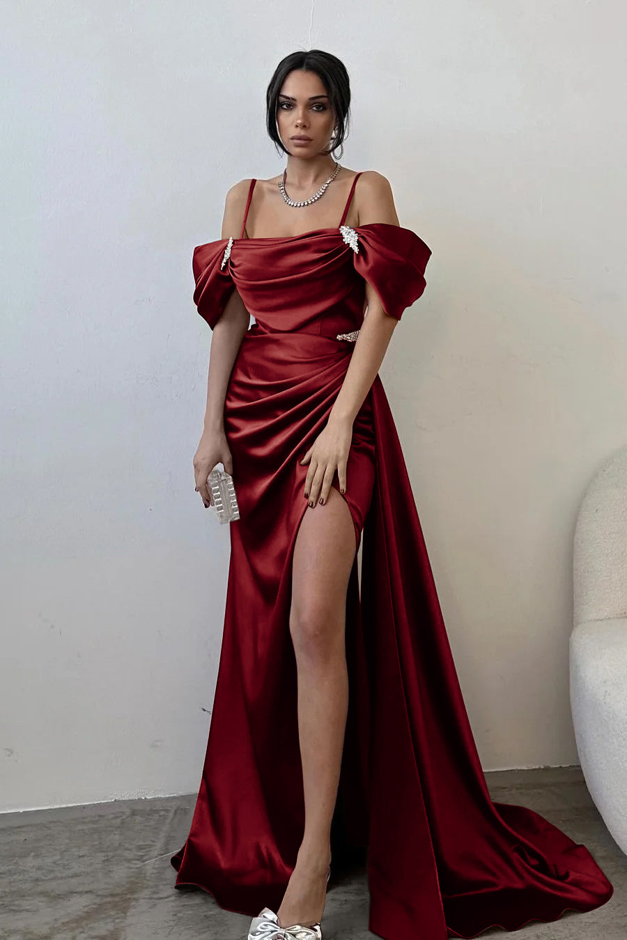 Off the Shoulder Sleeveless Beading Mermaid Long Prom Dress With Split
