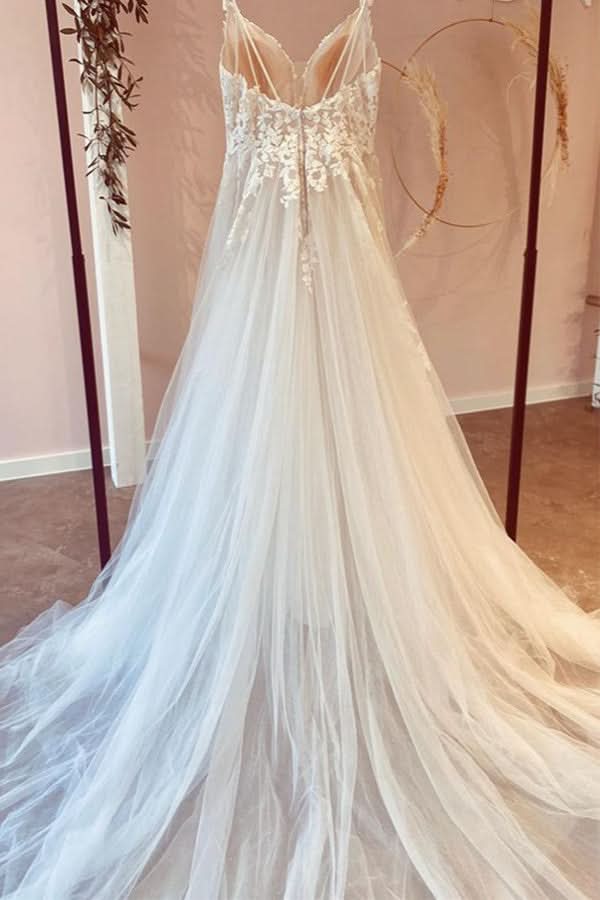 A-Line Sweetheart Wedding Dress With Appliques Lace Ruffles Tulle BM bride