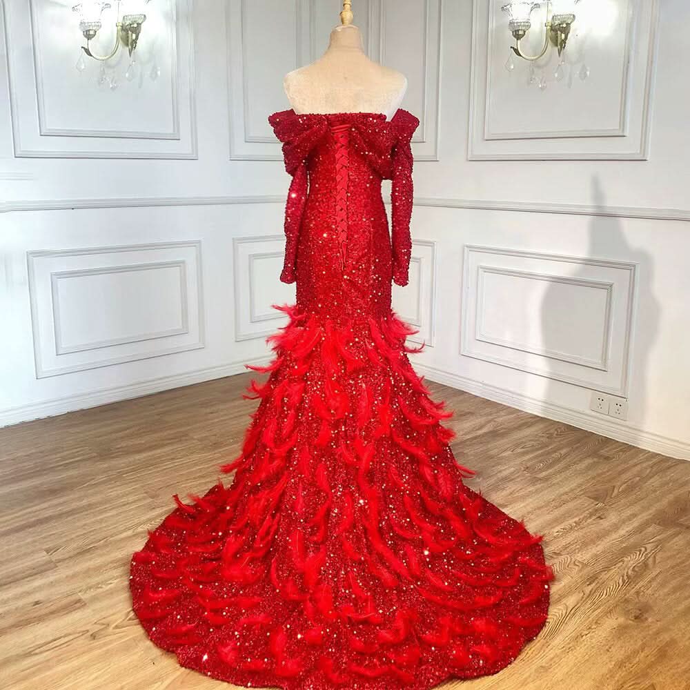 Fashion Red Sequin Prom Dress, Long Sleeves A-Line with Feather BM bride