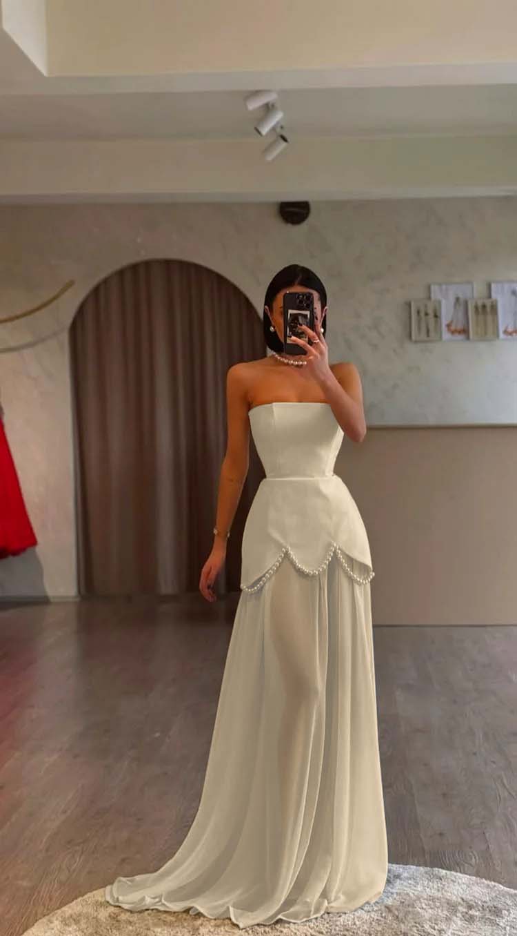 White Strapless Sleeveless Long Prom Dress With Pleated Beading BMBRIDE