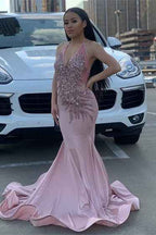 Dusty Rose Halter Sleeveless Long Mermaid Prom Dress with Flower Appliques