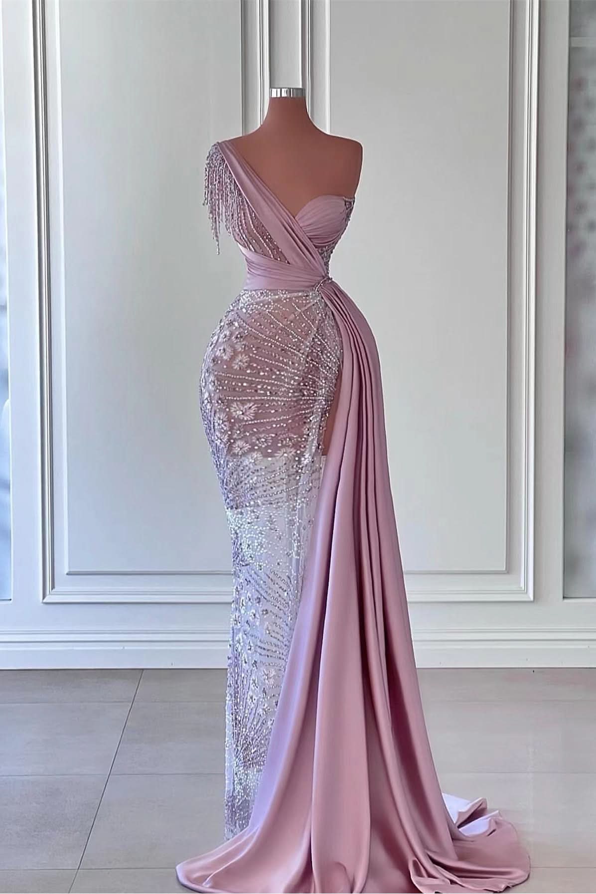 Gorgeous One Shoulder Mermaid Prom Dress with Split Beadings BM bride
