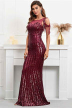 Burgundy Jewel Neck Mermaid Prom Dress Sequins Long With Tassels