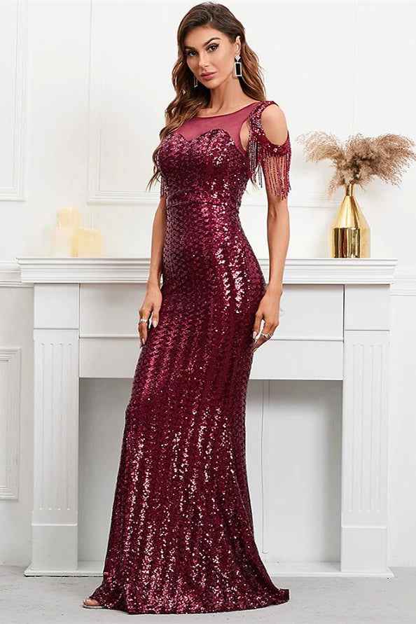 Burgundy Jewel Neck Mermaid Prom Dress Sequins Long With Tassels