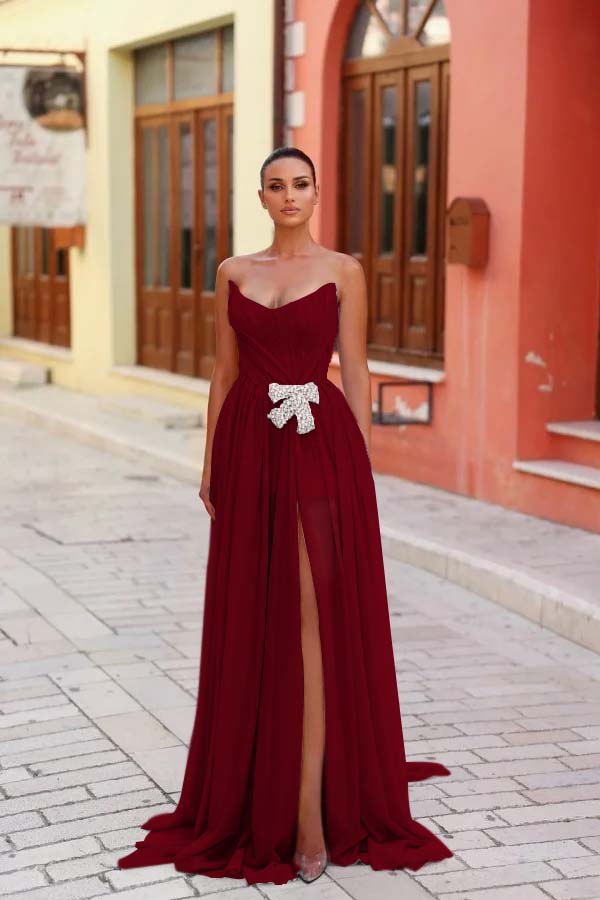 Strapless Sleeveless Long Split Prom Dress With Pleated Beading
