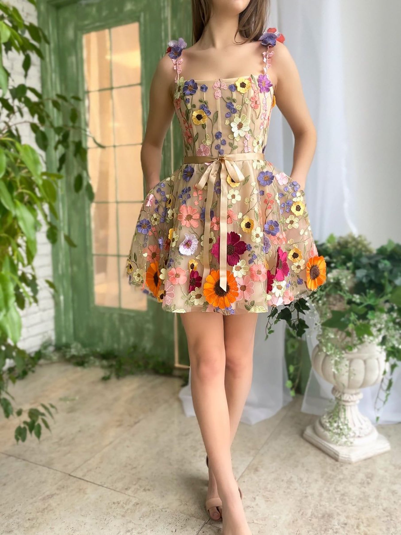 Floral A-Line Short Homecoming Dress with 3D Flowers BM bride