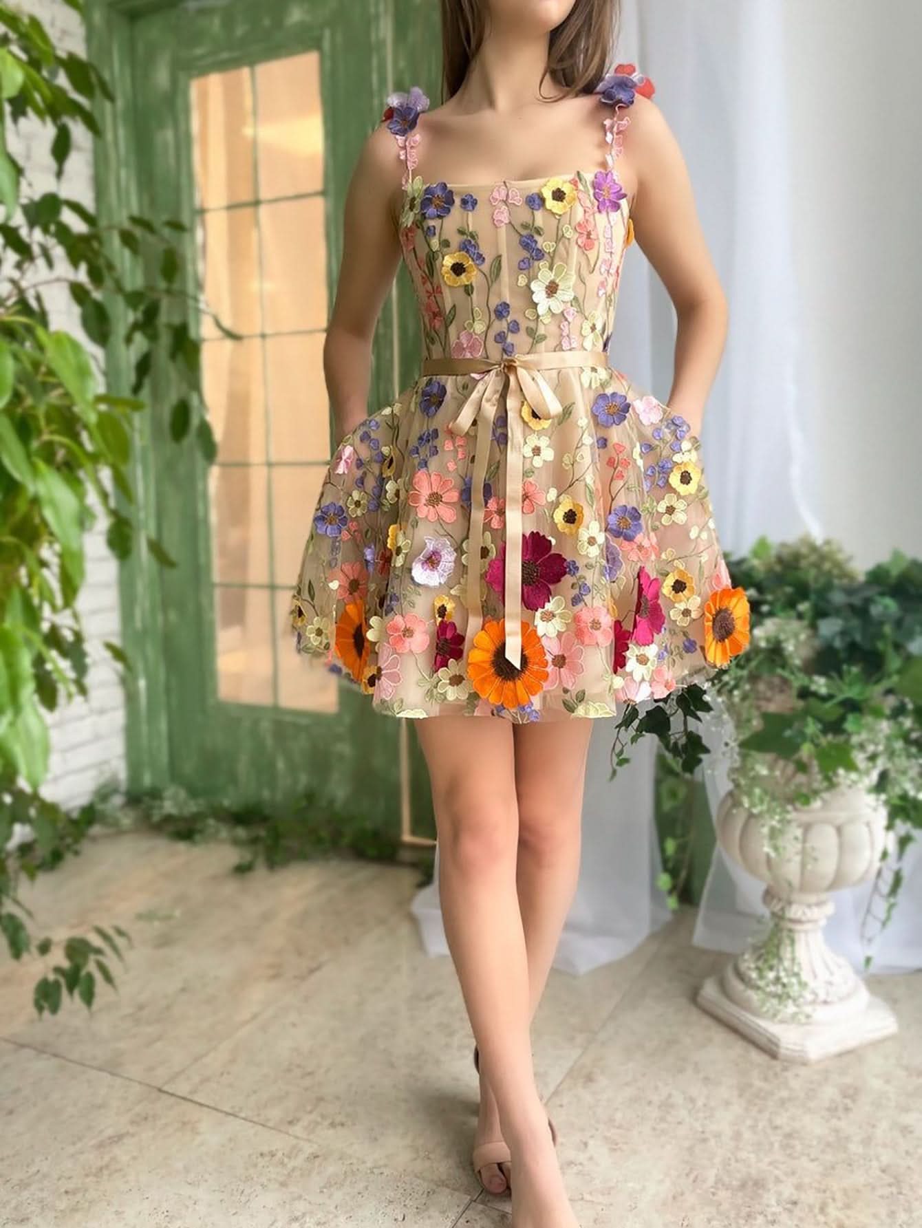 Floral A-Line Short Homecoming Dress with 3D Flowers BM bride
