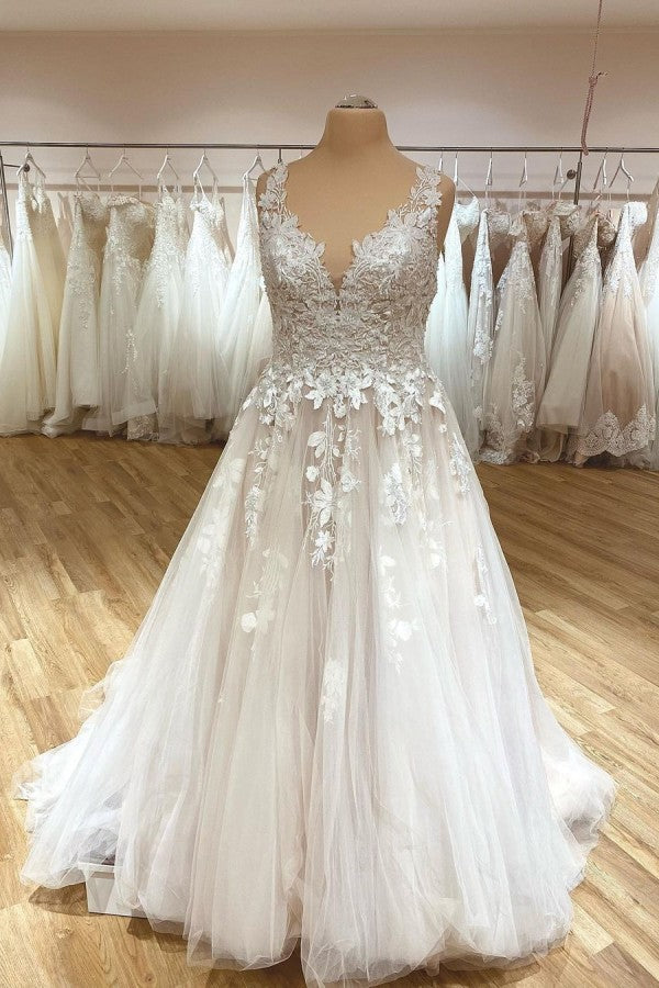 Elegant Deep V-Neck A-Line Spaghetti Strap Wedding Dress with Ruffles and Tulle Lace Appliques BM bride