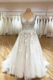 Elegant Deep V-Neck A-Line Spaghetti Strap Wedding Dress with Ruffles and Tulle Lace Appliques BM bride