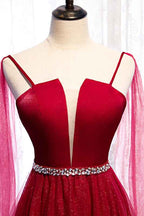 Burgundy Spaghetti Strap Sleeveless Prom Dress Tulle Ruffles With Beading