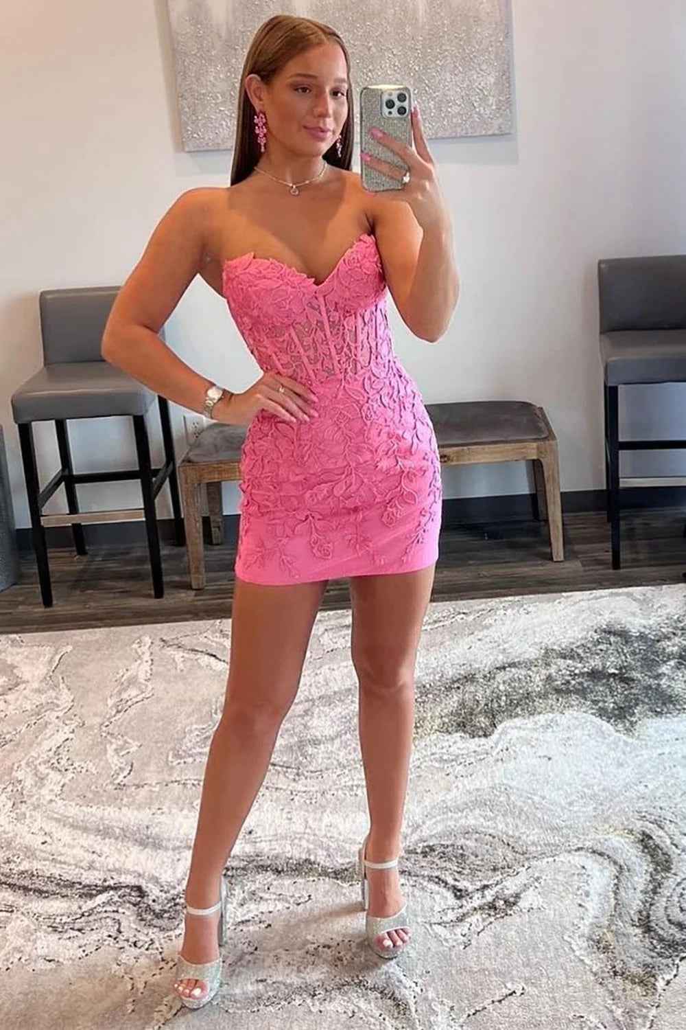 Pink Tight Short Homecoming Dress with Appliques Bmbride
