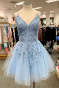 Blue Spaghetti Straps Homecoming Dress With Appliques