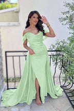 Dark Green Off-the-Shoulder Sweetheart Mermaid Prom Dress with Split and Long Ruffles BM bride