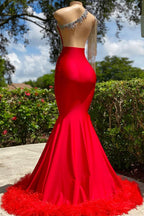 Classic Red One Shoulder Strapless Mermaid Prom Dress with Feather BM bride