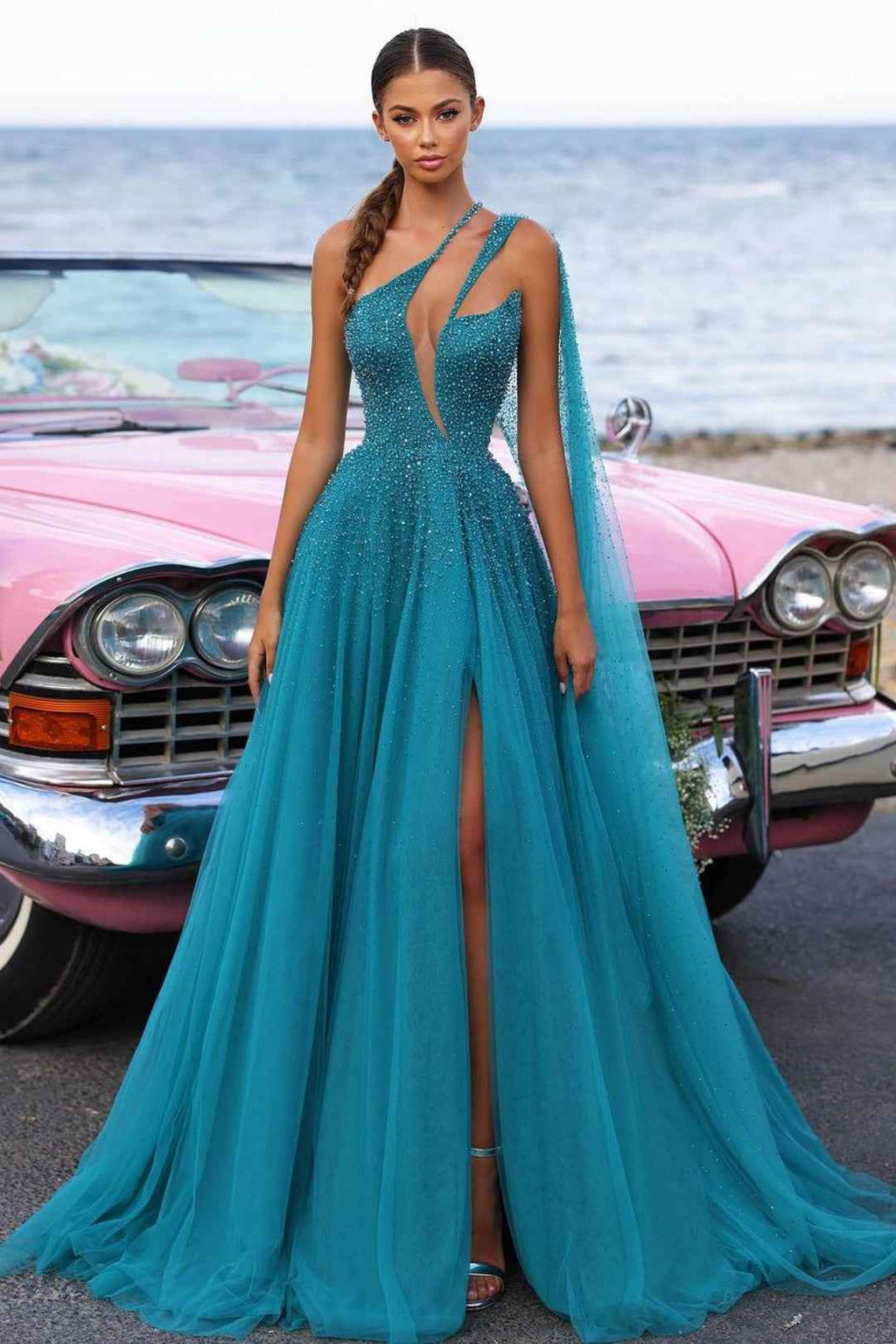Heavy Tulle One Shoulder Prom Dress Green Sequins With Trail High Slit