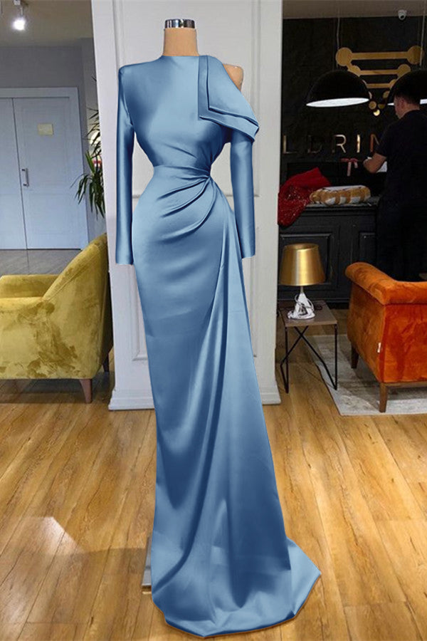 Charming High Neck Champagne Prom Dress Mermaid Long Sleeves With Pleated BMBRIDE